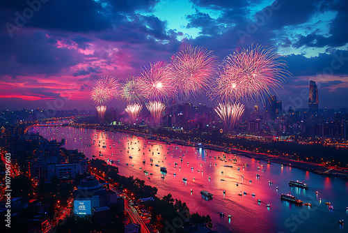 stunning aerial view of Yeouido Fireworks Festival, showcasing vibrant fireworks lighting up night sky over Han River. colorful reflections create magical atmosphere photo