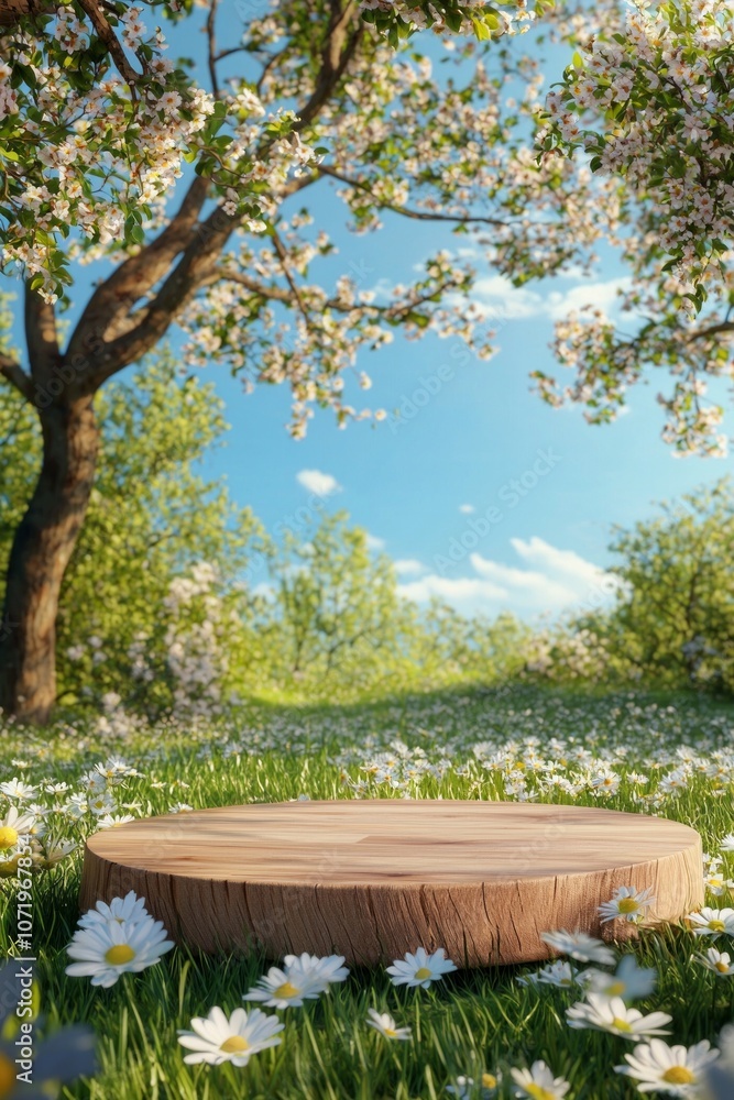 A wooden platform stands in the center of an open meadow, surrounded by white daisies blossoms under trees. A wooden platform stands in the center of an open meadow, surrounded by white daisies blossoms under trees.