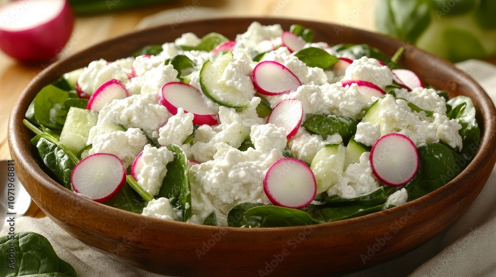 Savor this cool salad composed of yogurt, cucumber, radishes, cottage cheese, and fresh spinach. It's a nutritious option that's ideal for a snack or light meal. Savor this cool salad composed of yogurt, cucumber, radishes, cottage cheese, and fresh spinach. It's a nutritious option that's ideal for a snack or light meal.