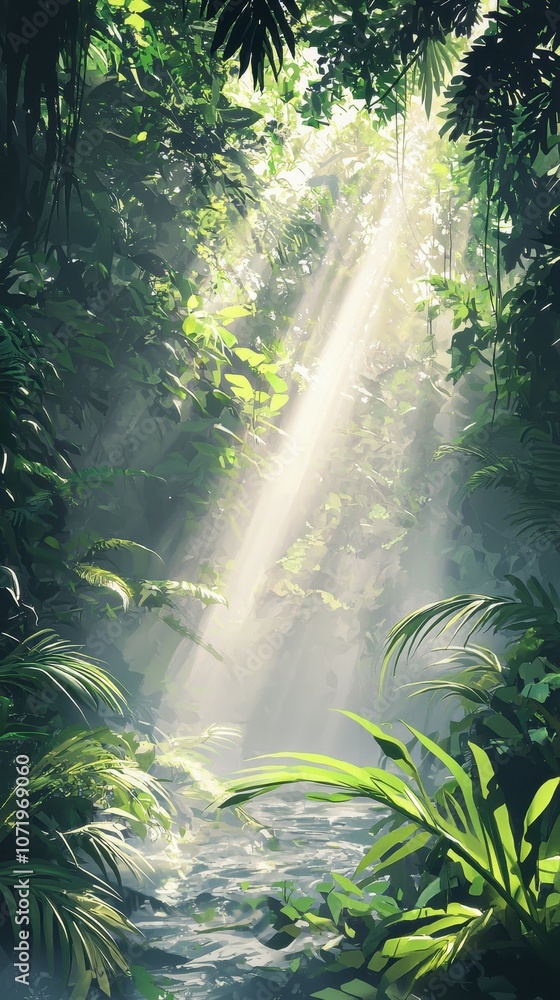 Misty Tropical Rainforest in Soft Morning Light Breaking Through Lush Green Foliage, Creating a Serene Natural Atmosphere and Enchanted View