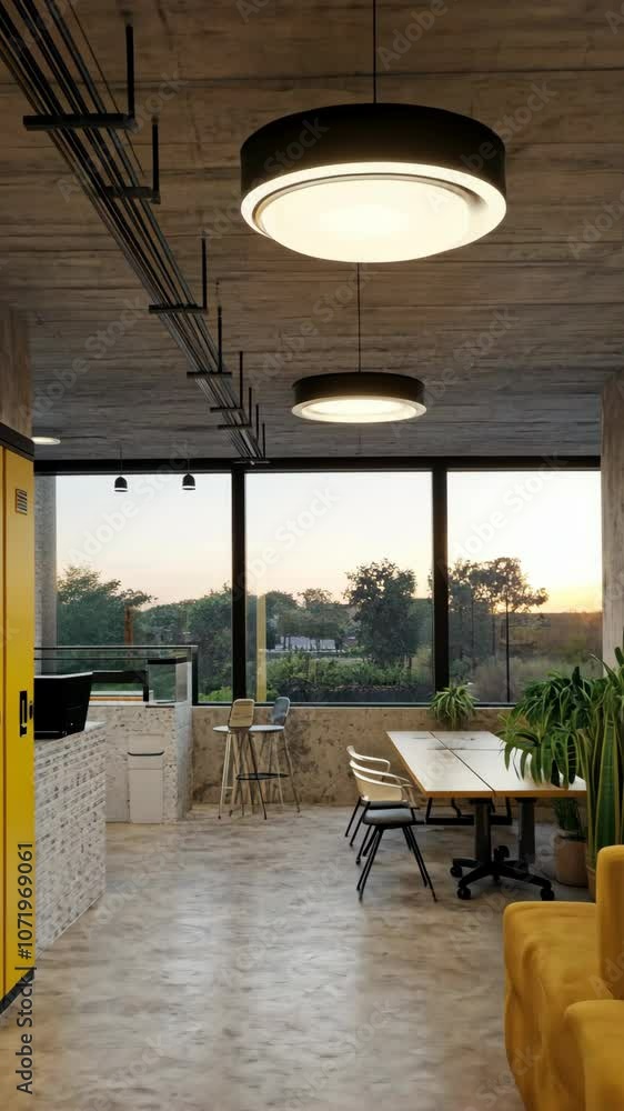 A modern office space with a long, wooden table and chairs A modern office space with a long, wooden table and chairs