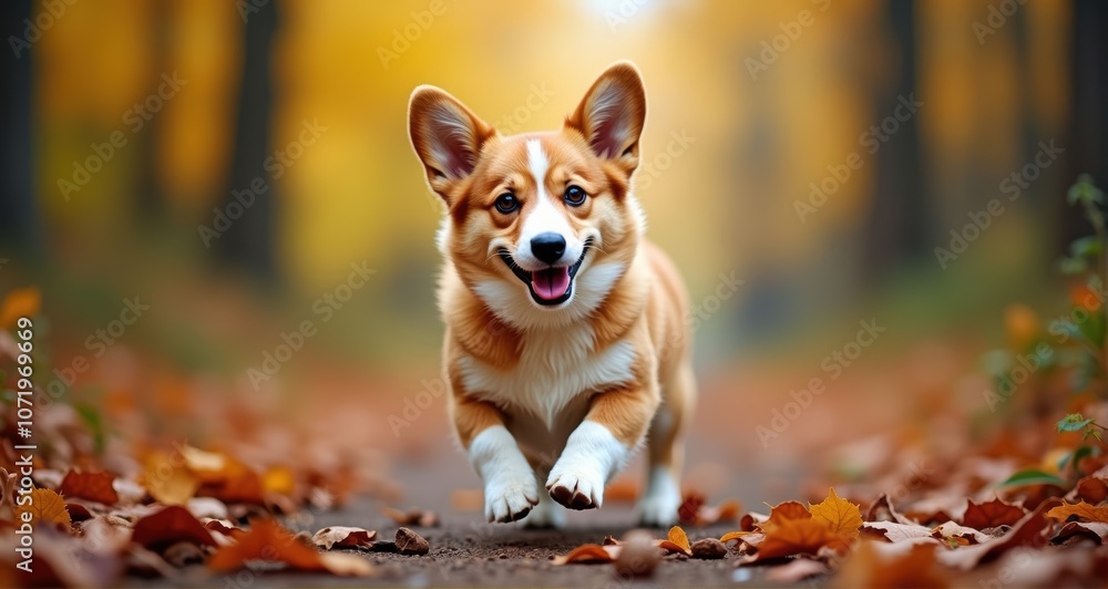 Playful corgi running in autumn leaves Playful corgi running in autumn leaves