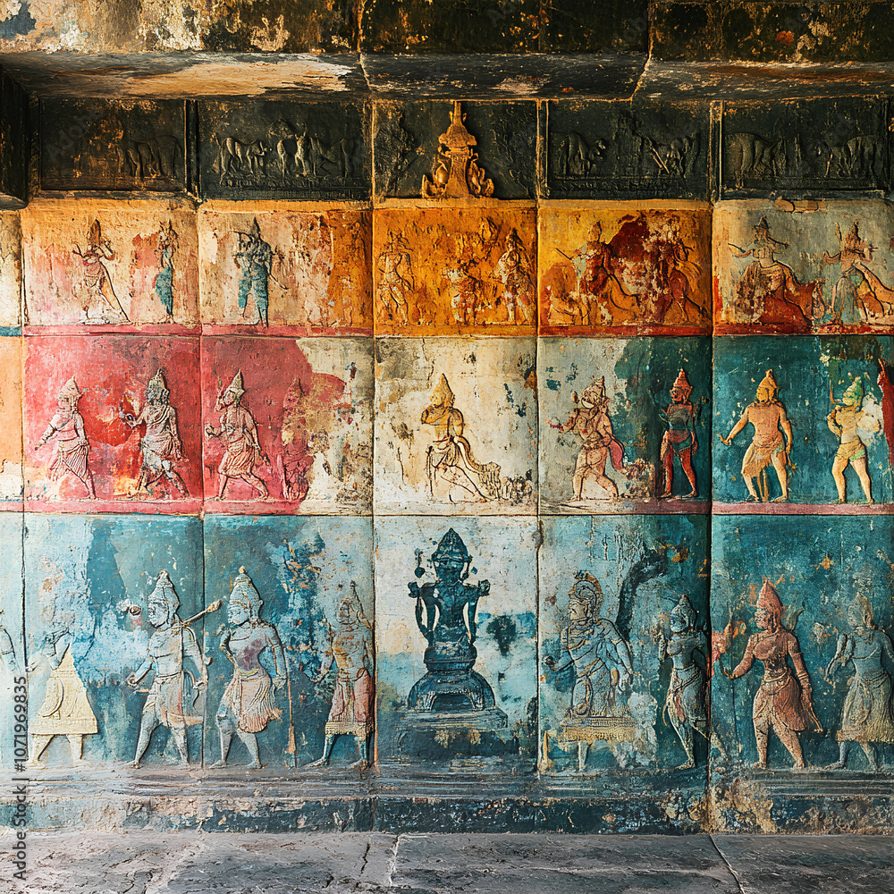 Ancient Hindu Temple Wall with Colorful Reliefs and Deities, India Ancient Hindu Temple Wall with Colorful Reliefs and Deities, India