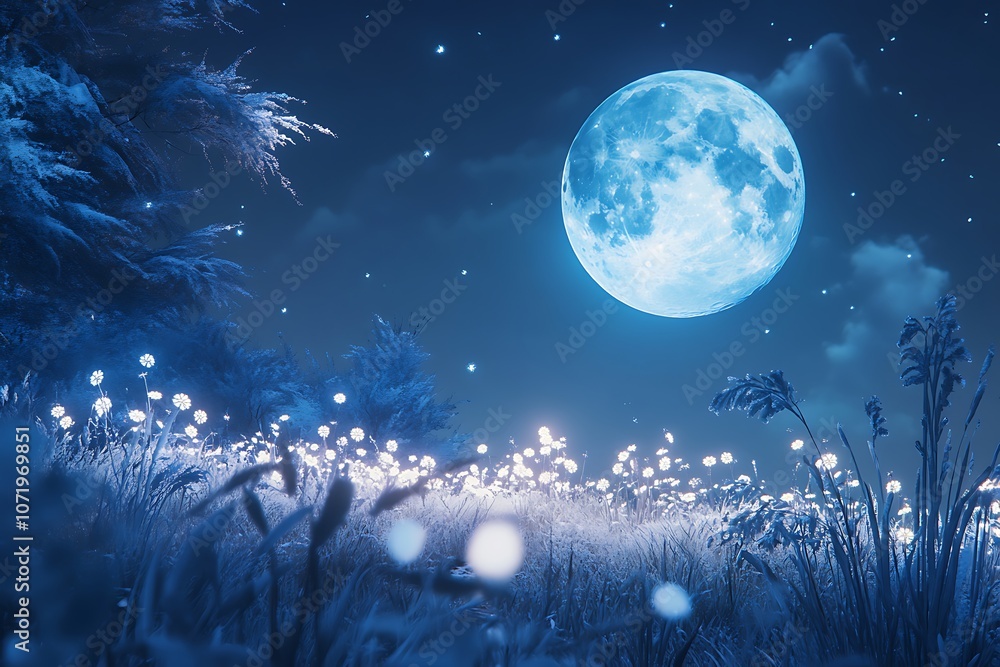 Naklejka premium Night fairytale landscape with forest, mountains and full moon 