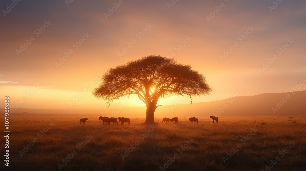 Obraz premium A silhouetted tree under a stunning sunrise towers over a group of grazing animals, offering a peaceful scene full of warmth and natural beauty in the savannah.