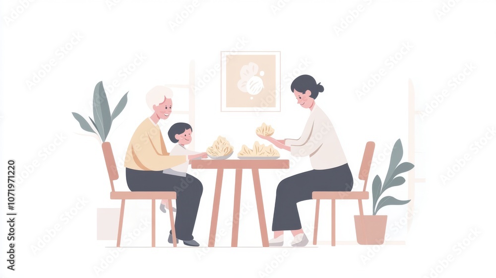 Fototapeta premium A family gathers around a table, enjoying quality time with a child in a bright environment.