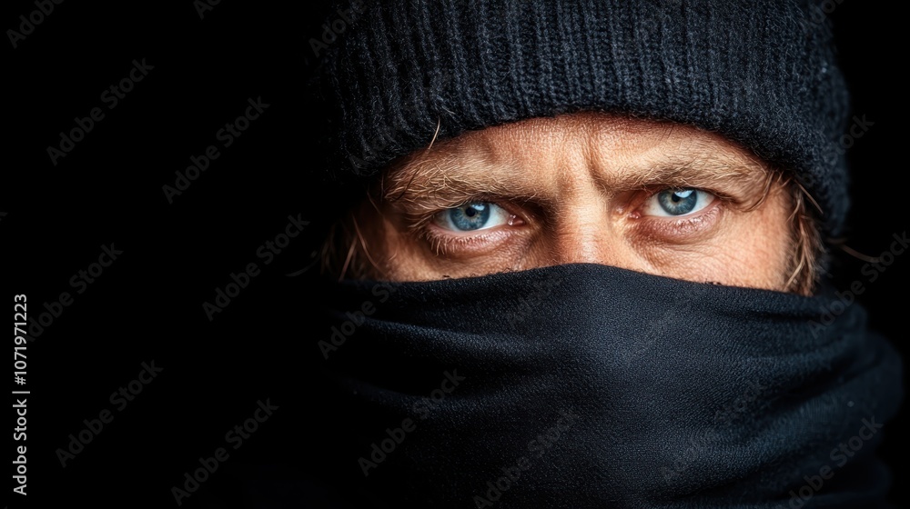 A striking photograph showing a person with bright blue eyes peering out from under a black knit beanie, with an enigmatic look of determination and focus. A striking photograph showing a person with bright blue eyes peering out from under a black knit beanie, with an enigmatic look of determination and focus.
