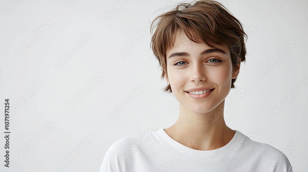 A short haired female student wearing a white T-shirt with a white background A short haired female student wearing a white T-shirt with a white background