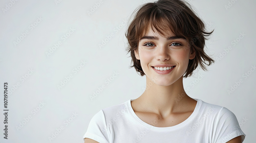 A short haired female student wearing a white T-shirt with a white background A short haired female student wearing a white T-shirt with a white background