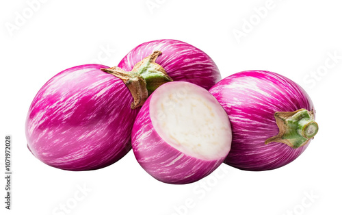 PNG object on clear backdrop. Fresh pink eggplants with a sliced half, revealing their tender, creamy interior. Isolated on transparent background.