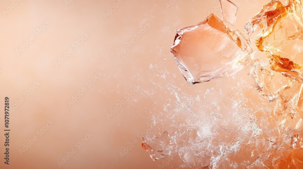 Fototapeta premium An energetic depiction of orange-tinted glass pieces breaking and dispersing mid-air, creating a dance of fragments in a visually stunning, abstract composition.