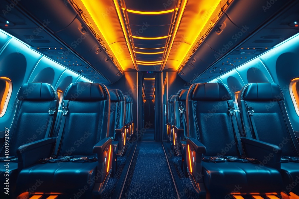 Fototapeta premium An airplane cabin with blue seats and yellow lights. 