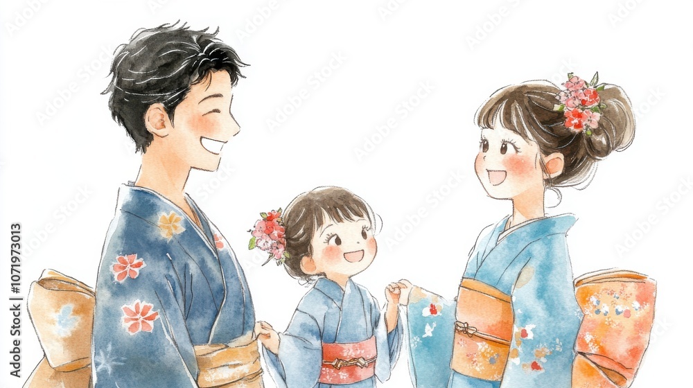 A joyful family celebration in traditional Japanese attire, sharing smiles and love. A joyful family celebration in traditional Japanese attire, sharing smiles and love.
