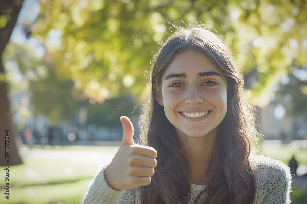 Smiling Young Woman Giving Thumbs Up in a Park Smiling Young Woman Giving Thumbs Up in a Park