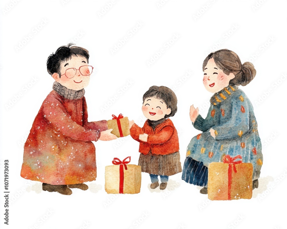 Obraz premium A joyful family celebration with a child receiving gifts during the festive season.