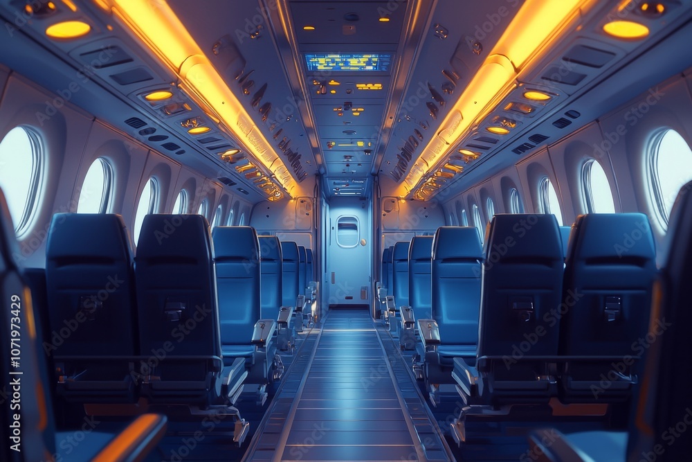 Obraz premium An airplane cabin with blue seats and yellow lights.