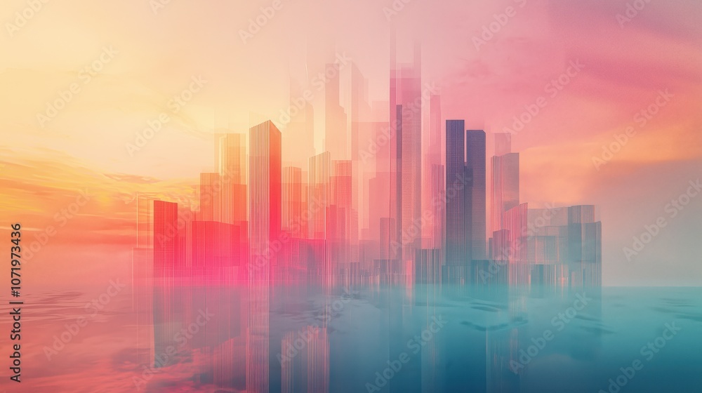 Fototapeta premium A captivating cityscape illuminates the skyline at sunset, showcasing a dynamic array of geometric shapes. The vibrant hues of pink, blue, and orange merge together, creating a surreal atmosphere