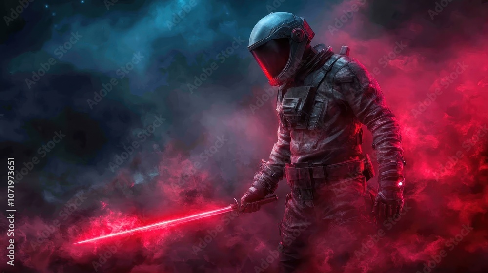 Obraz premium A cosmic warrior, draped in futuristic armor, stands confidently amidst vibrant swirling pink smoke, emanating a sense of power and mystery in a sci-fi setting.