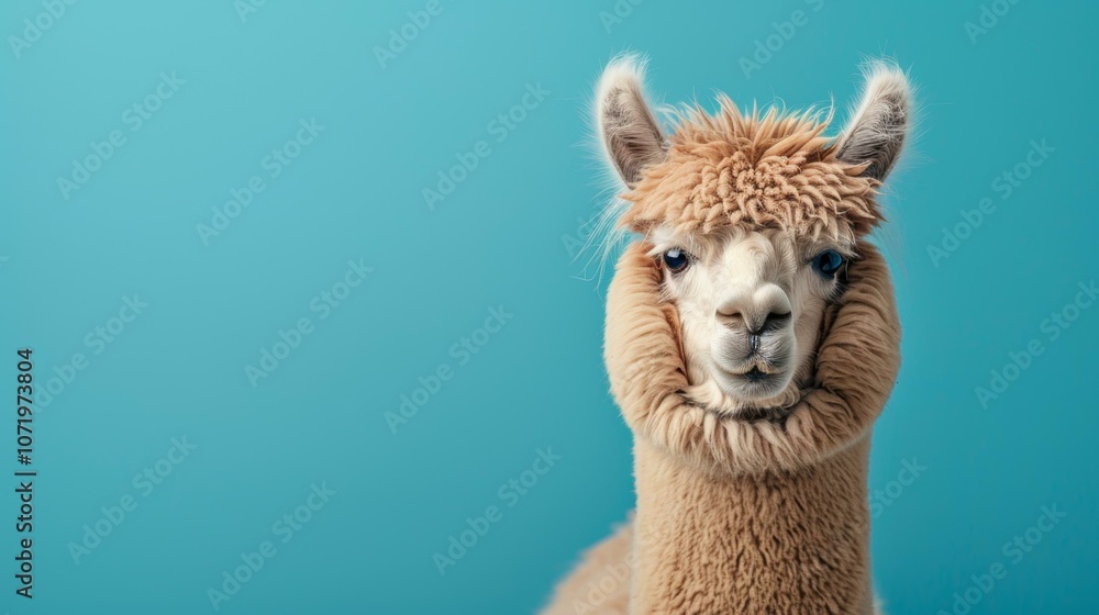 Obraz premium A fluffy brown alpaca with blue eyes looking at the camera with a curious expression