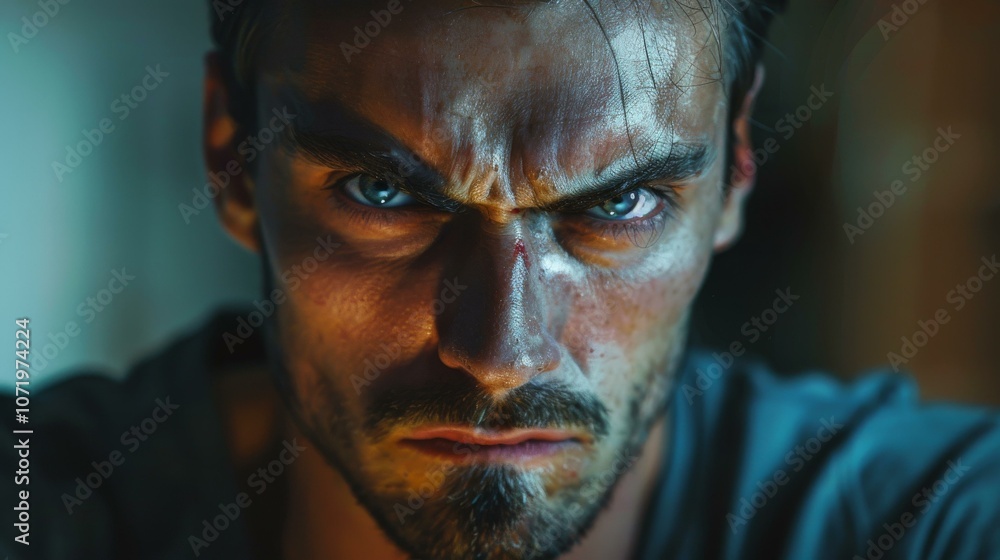 Close-up Portrait of a Man with Intense Expression Close-up Portrait of a Man with Intense Expression