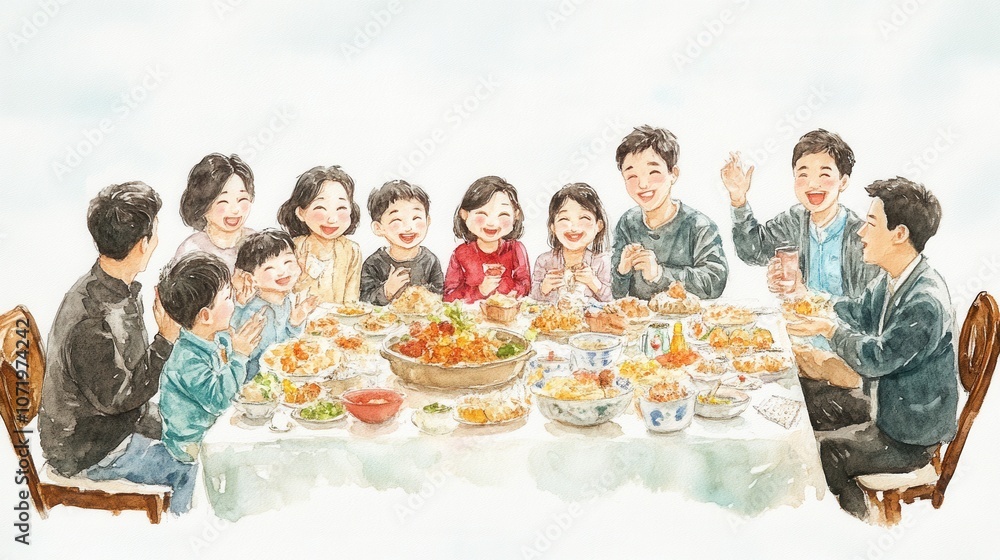 Fototapeta premium A joyful family gathering around a table filled with delicious food and happy faces.