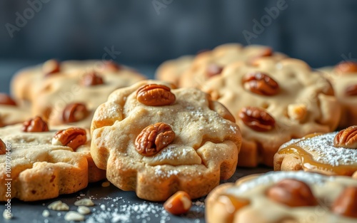 A close-up shot of pecan cookies with a dusting of powdered sugar photo