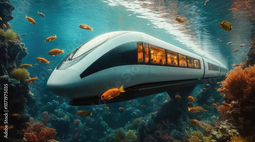 A futuristic high-speed train travels through an underwater world, surrounded by vibrant coral reefs and colorful fish.