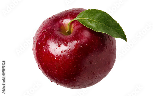 PNG object on clear backdrop. A dewy red apple with a green leaf, isolated on a transparent background, showcasing freshness. Isolated on transparent background.