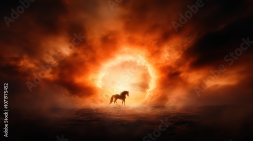 A solitary horse stands before a bright, fiery portal against a dramatic, smoky landscape, evoking themes of solitude, change, and mythical journeys. photo