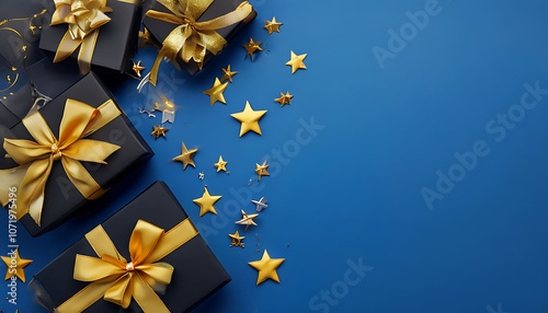 Black gifts with golden bows and ribbons placed on blue background near stars