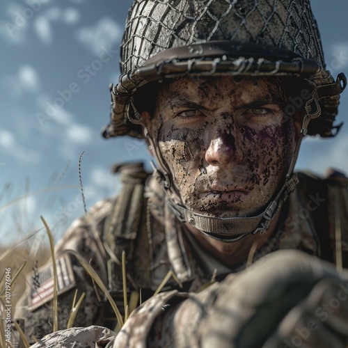 Close up portrait of a soldier wearing a helmet and camouflage face paint photo