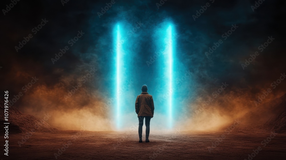 A solitary person stands before two vertical bright blue columns amid a mysterious smoky terrain, evoking a sense of wonder and contemplation. A solitary person stands before two vertical bright blue columns amid a mysterious smoky terrain, evoking a sense of wonder and contemplation.
