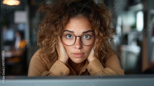 Free Download A woman with curly hair and glasses rests her face in her hands, gazing thoughtfully at the viewer, suggesting focus and contemplation in a modern setting. - GFXLoad