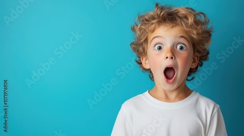 A young child in a white shirt, eyes wide and mouth open in surprise, stands against a vibrant blue background, expressing emotions of shock and wonder. photo