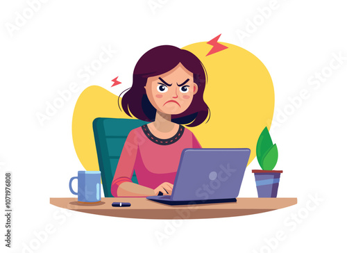 Remote Work Illustration: Woman Working on Laptop for Home Office and Freelancing Concepts