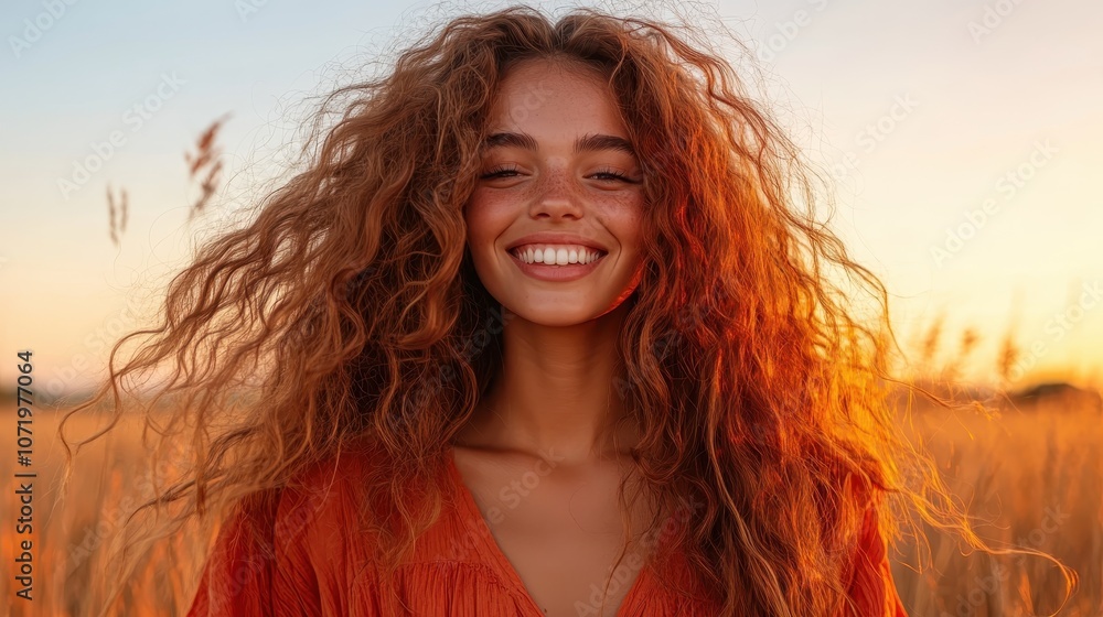 A content woman with curly hair beams joyfully in a golden field at sunset, her orange outfit blending seamlessly with the warm hues of the background. A content woman with curly hair beams joyfully in a golden field at sunset, her orange outfit blending seamlessly with the warm hues of the background.