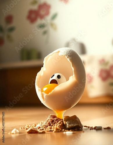 An egg flying through air, ready to cracked open as it hit ground, shell split, egg yolk figure emerge, ready to land, make tiny horror face, background kitchen wall