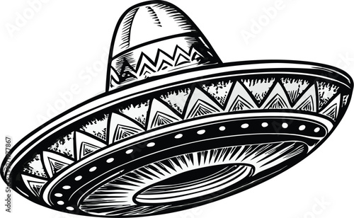 Vintage style hand-drawn Mexican sombrero hat illustration..