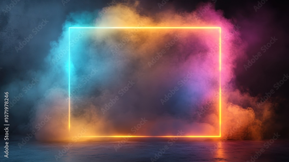 Obraz premium An eye-catching image of a square frame with neon lights surrounded by colorful clouds of smoke, blending hues of blue, pink, and orange in an artistic display.