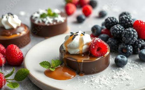 A chocolate dessert topped with whipped cream, caramel sauce, and raspberries sits on a white plate with blueberries and blackberries photo