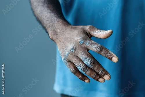 A hand affected by a skin condition captured in a close-up shot, showing visible changes on the skin surface.
 photo