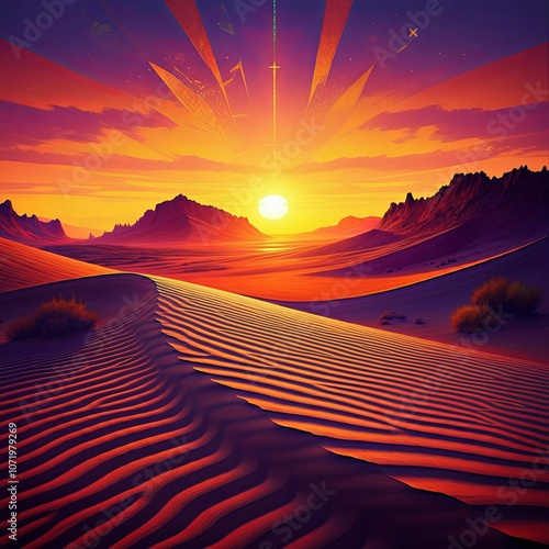 Surreal Sunset Over Desert Sand Dunes

