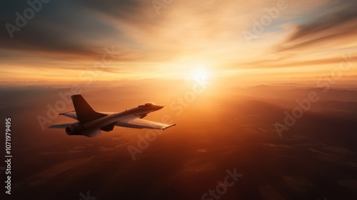 Fototapeta Naklejka Na Ścianę i Meble -  A sleek fighter jet soars across the radiant evening sky, showcasing its aerodynamic design as it cuts through the air with speed and power, bathed in sunset hues.