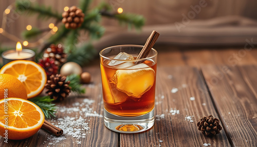 Christmas winter alcohol drink. Orange, spice and bourbon whiskey alcoholic cocktail in two glasses, wooden background with christmas tree branches and decor, copy space isolated with white highligh photo