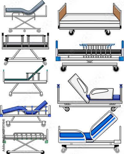 hospital bed set cartoon. manual bariatric, pediatric icu, mattress rails hospital bed sign. isolated symbol vector illustration