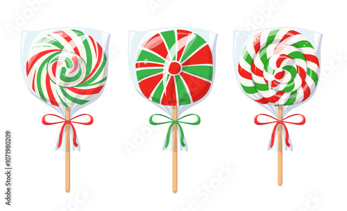 Christmas lollipop set, candy with spiral stripes wrapped in transparent plastic pack. Sweet Xmas gift, round lollipop on stick in clear pouch, vector cartoon illustration isolated on white background