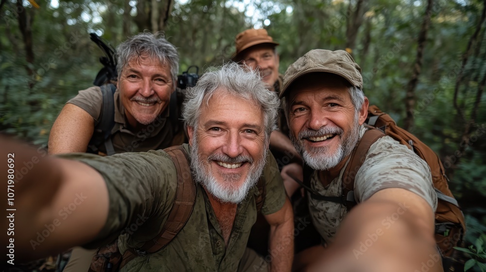 A joyful group of older adults smiles broadly while taking a selfie together amidst a forest setting, showcasing camaraderie and outdoor adventure spirits. A joyful group of older adults smiles broadly while taking a selfie together amidst a forest setting, showcasing camaraderie and outdoor adventure spirits.