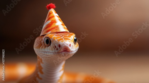 A colorful snake sporting a patterned hat with a pom-pom, showcasing playful and whimsical elements against a neutral gradient background. photo