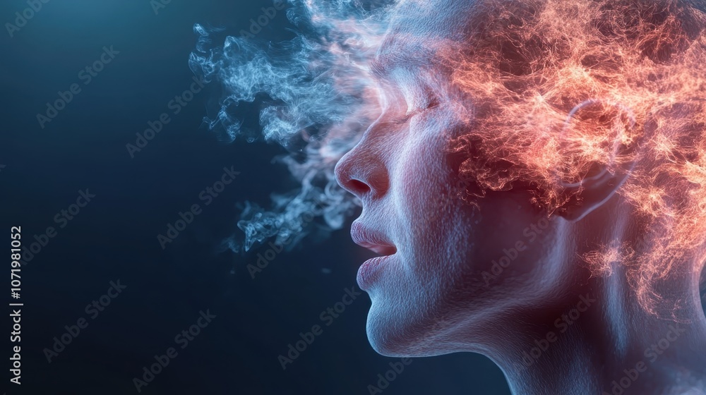 Ethereal digital artwork of a woman with flames and smoke enveloping her brain, symbolizing powerful thoughts and inner transformation in the abstract realm. Ethereal digital artwork of a woman with flames and smoke enveloping her brain, symbolizing powerful thoughts and inner transformation in the abstract realm.