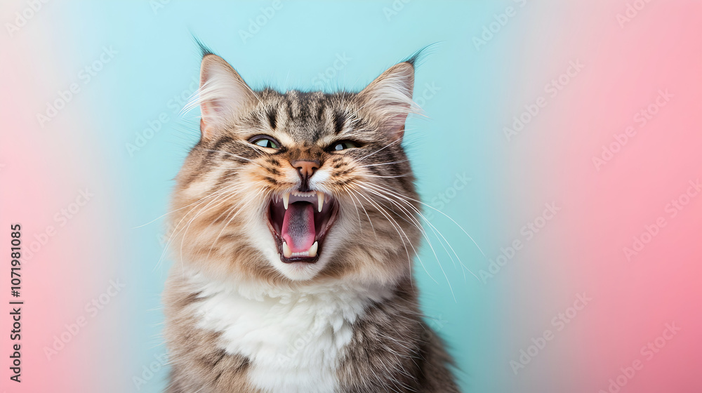 Fototapeta premium Angry cat baring its teeth in front of a pastel background with studio lighting -